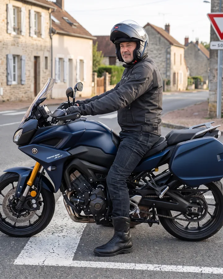Biker an einem Stoppschild, beide Füße flach auf dem Boden, mit dem SelleZen-Kissen auf der Sitzbank